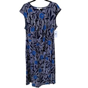 Chaus New York Batik Shibori Floral Draped Jersey Flowy Sheath Dress Navy XL NWT